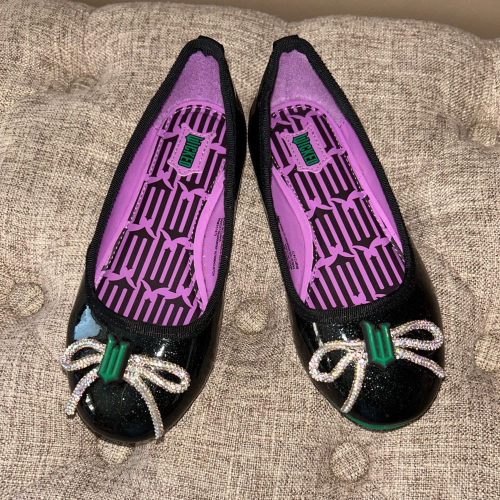 Wicked Black Patent Ballet Flats with Rhinestone Bow. Size Girls 12.